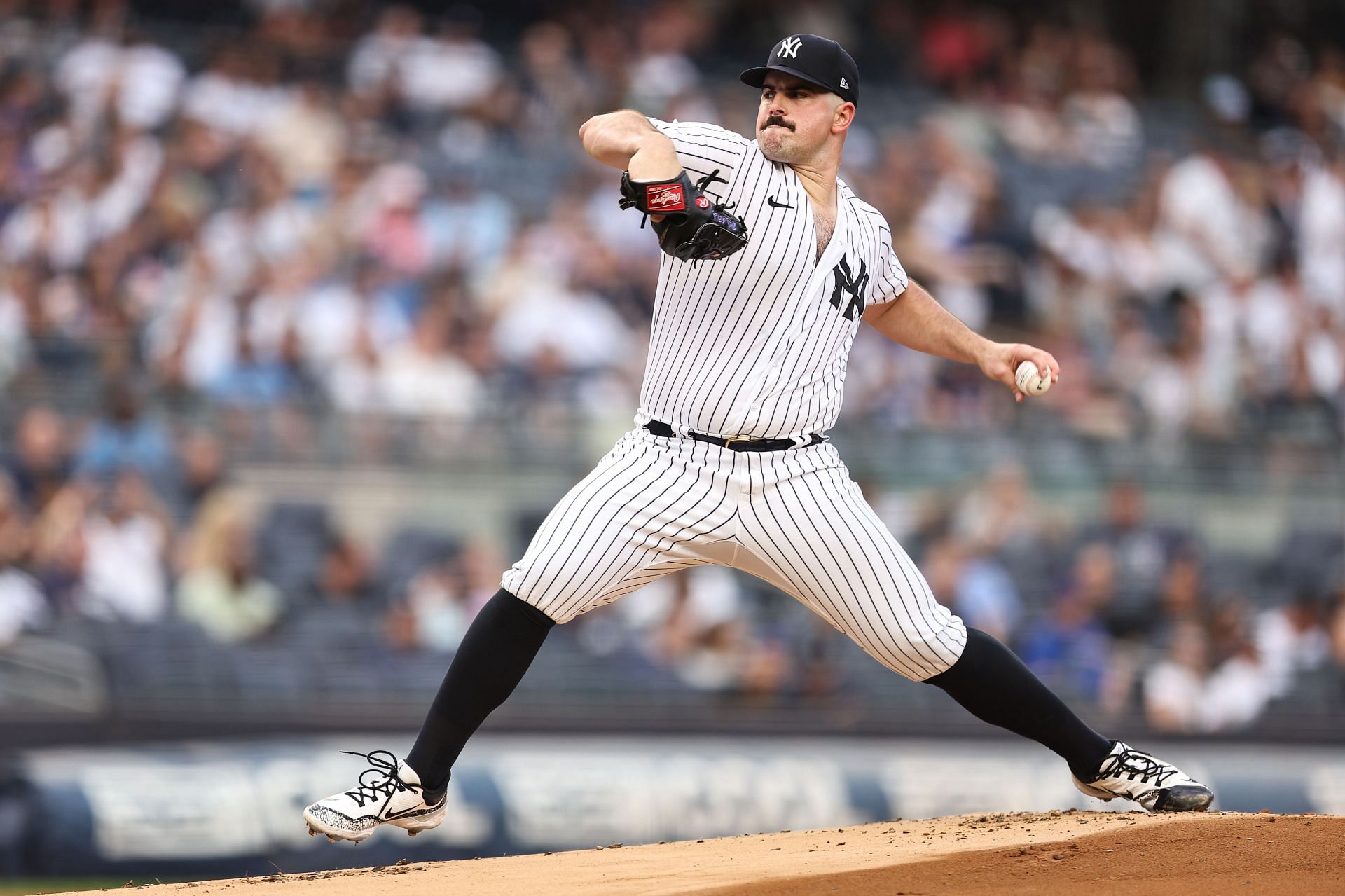 Carlos Rodon of the New York Yankees throws a pitch against the Chicago Cubs at Yankee Stadium