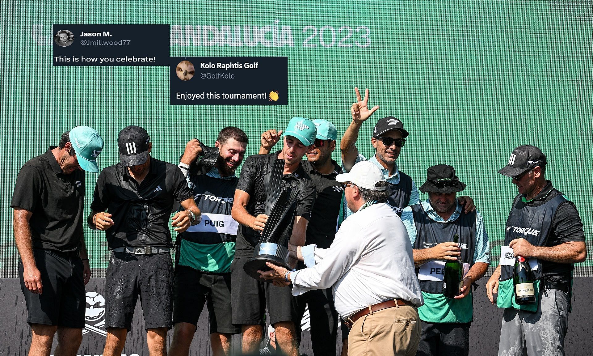 Joaquin Niemann, David Puig, Sebastian Mu&ntilde;oz and Mito Pereira celebrate after winning the team portion of the LIV Golf - Andalucia 