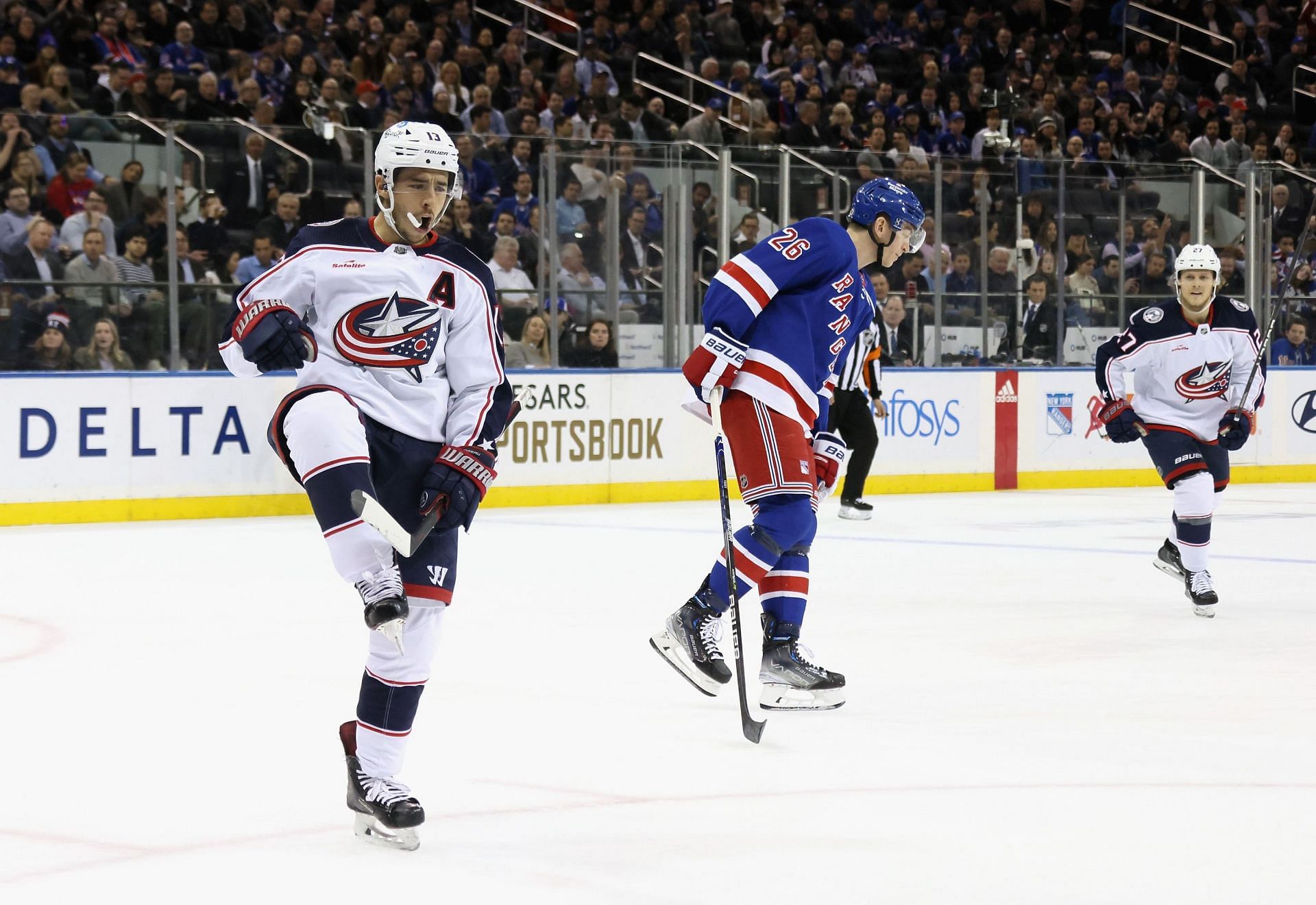 Johnny Gaudreau celebrates a goal against New York Rangers.