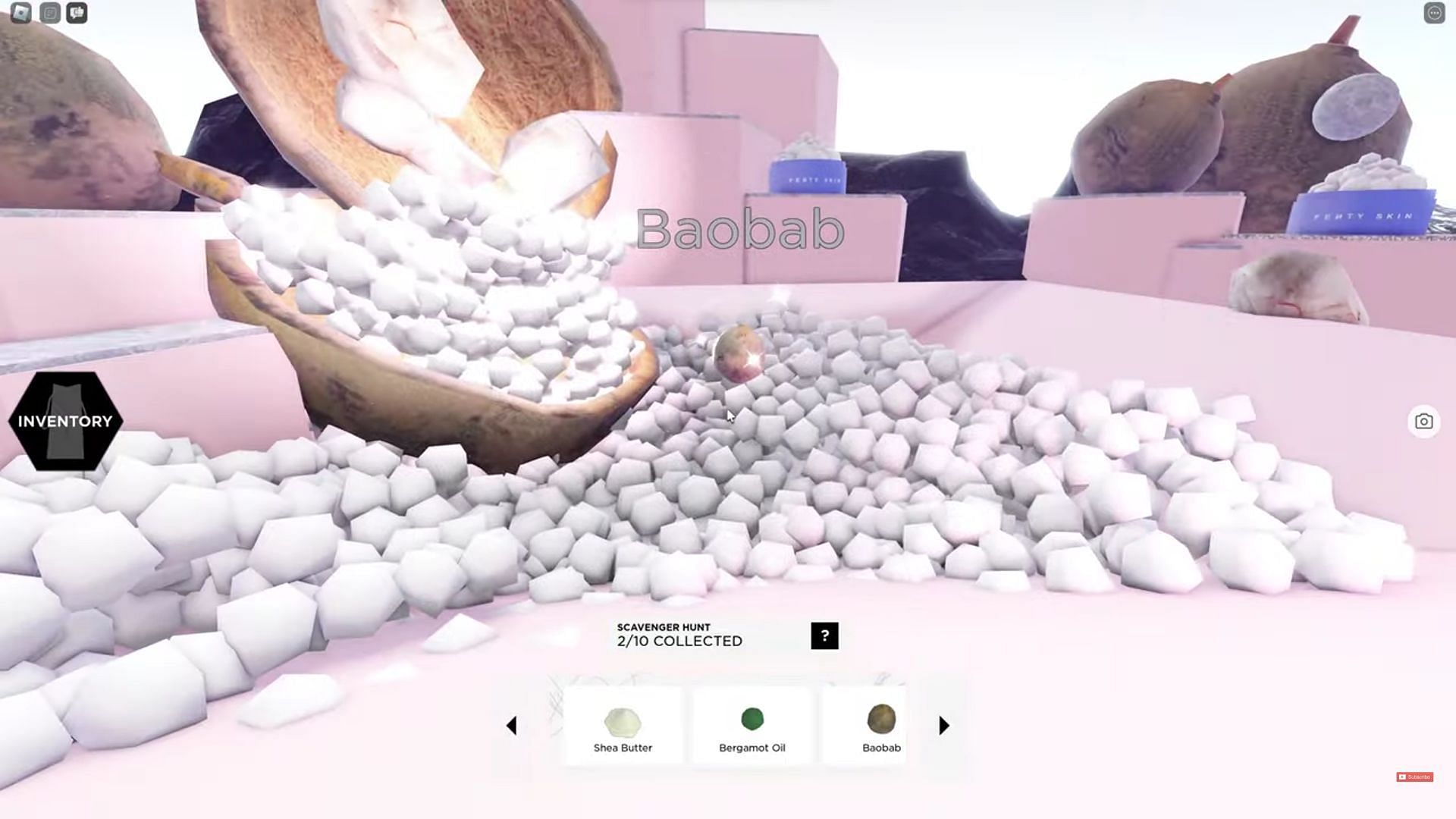 Baobob Oil floating above white stones in Roblox Fenty Beauty + Skin Experience (Image via Conor3D/YouTube)