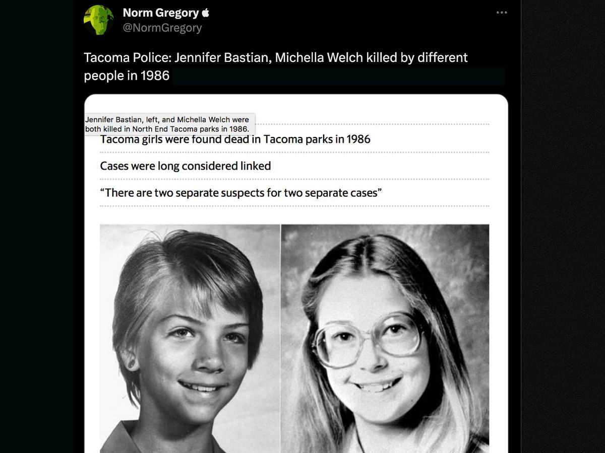 DNA evidence was used to prove the involvement of two different killers in Michella Welch and Jennifer Bastian&#039;s 1986 murders (Image via @NormGregory/Twitter)