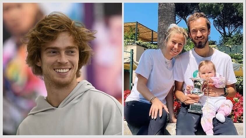 Andrey Rublev(left) and Daniil Medvedev with wife and daughter(right)