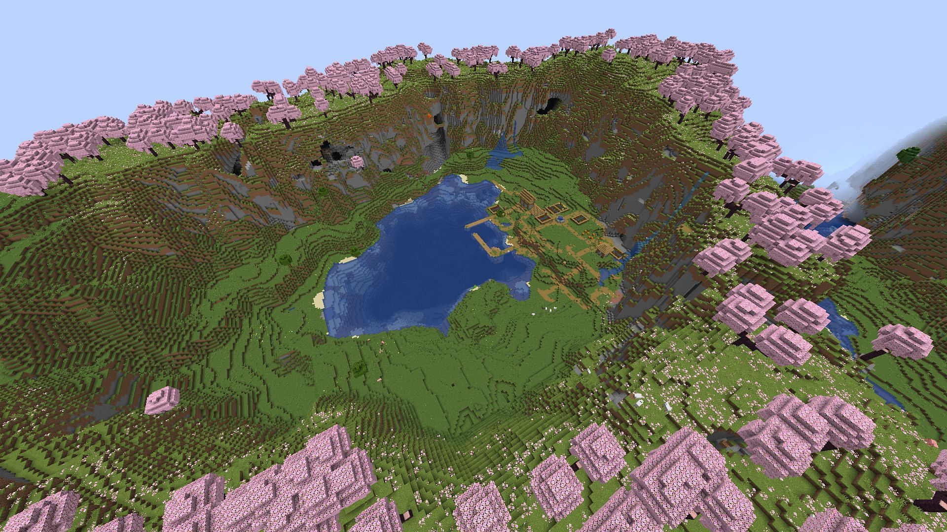 Cherry Grove completely surrounds a plains village in Minecraft 1.20.1 (Image via Mojang)