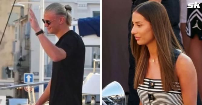 Erling Haaland and girlfriend Isabel Johansen surrounded by fans as they dock luxury yacht in St Tropez to enjoy night out