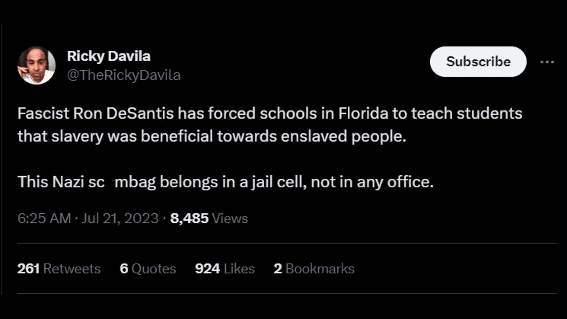 A netizen says that Florida&#039;s governor deserves to be behind bars. (Image via Twitter/Ricky Davila)