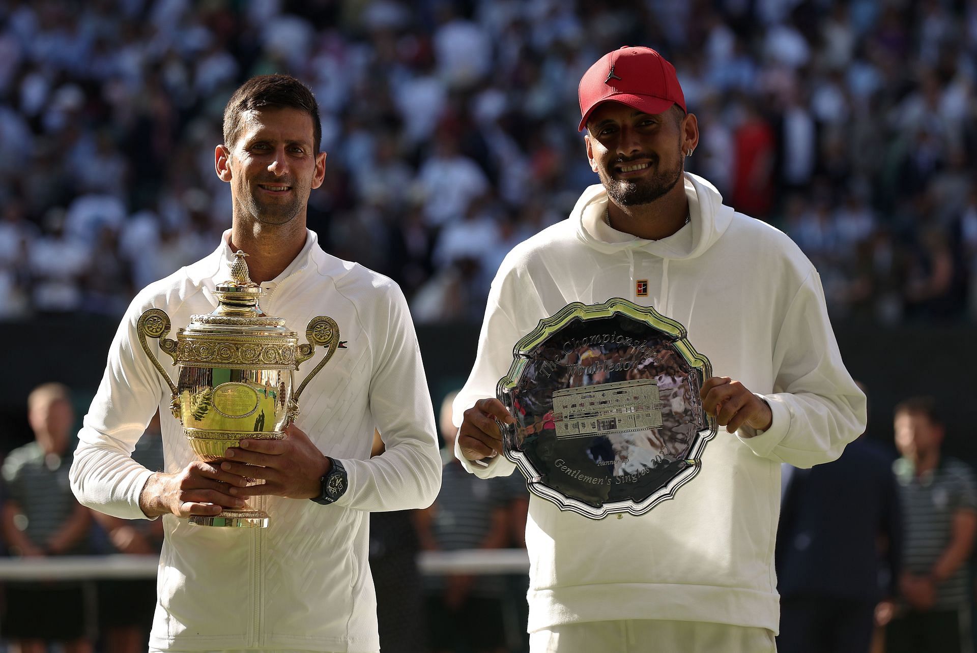 Novak Djokovic (L) and Nick Kyrgios at the 2022 Wimbledon