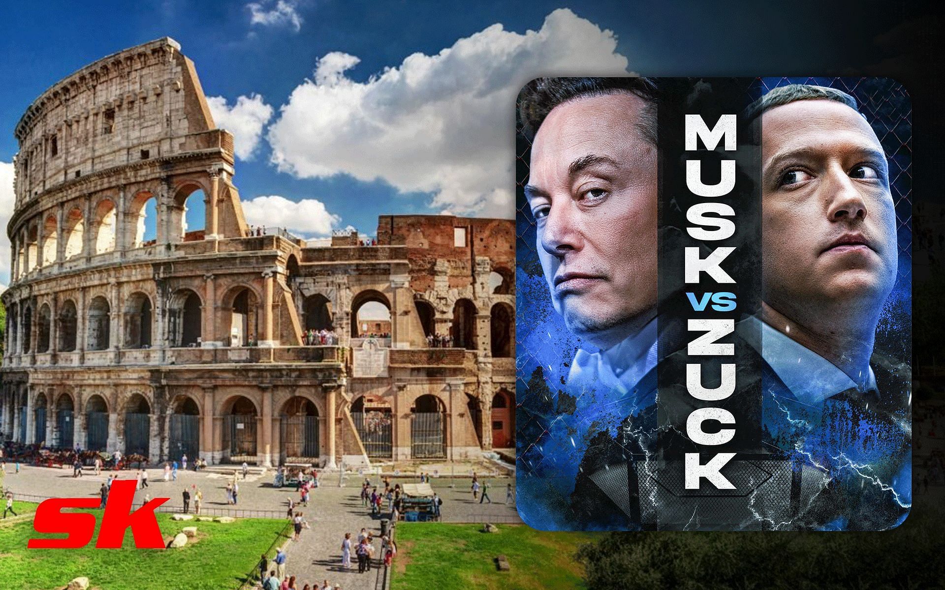 The Roman Colosseum (left) and Elon Musk vs. Mark Zuckerberg fight poster (right) [Image credits: @Ifnboxing and @NisaHott on Twitter]