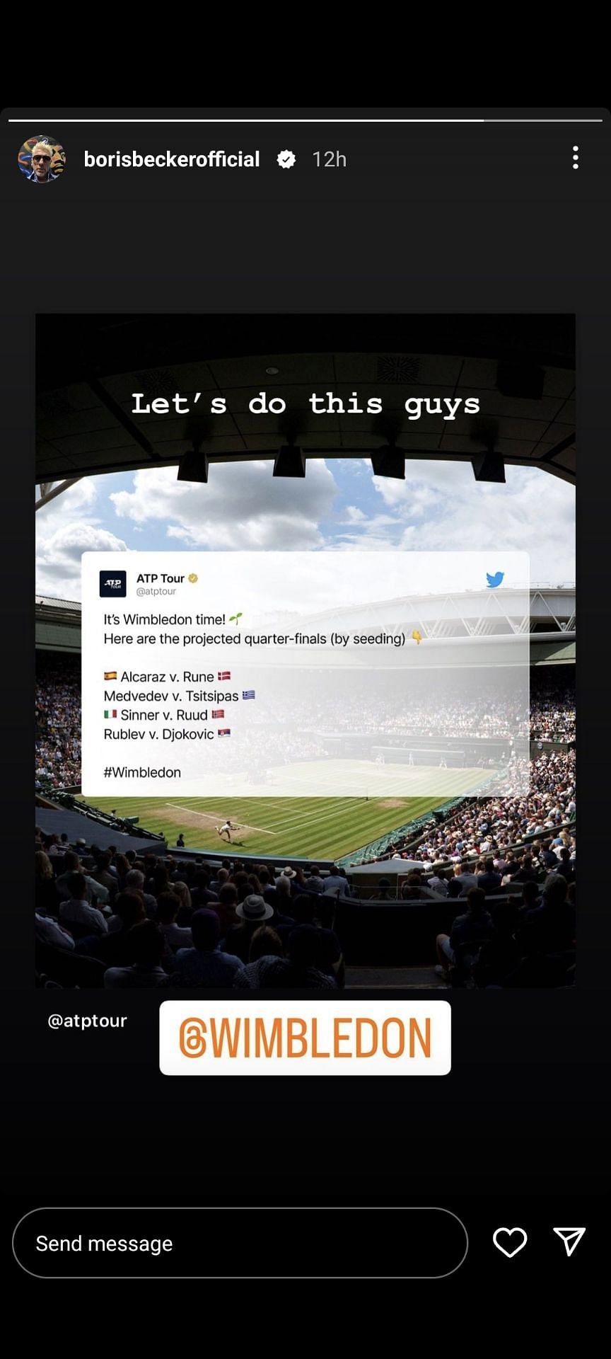 Boris Becker posts a story for the quarterfinal prediction at 2023 Wimbledon