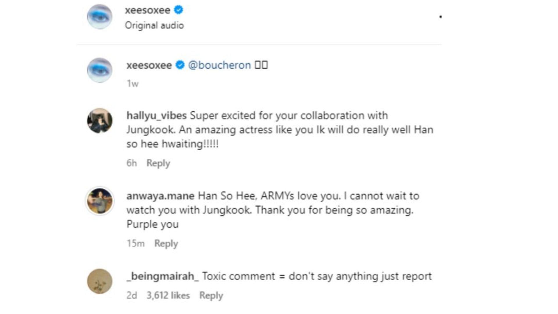 Certain BTS fans leave positive comments on Han So-hee&#039;s posts (Image via Instagram/xeesoxee)