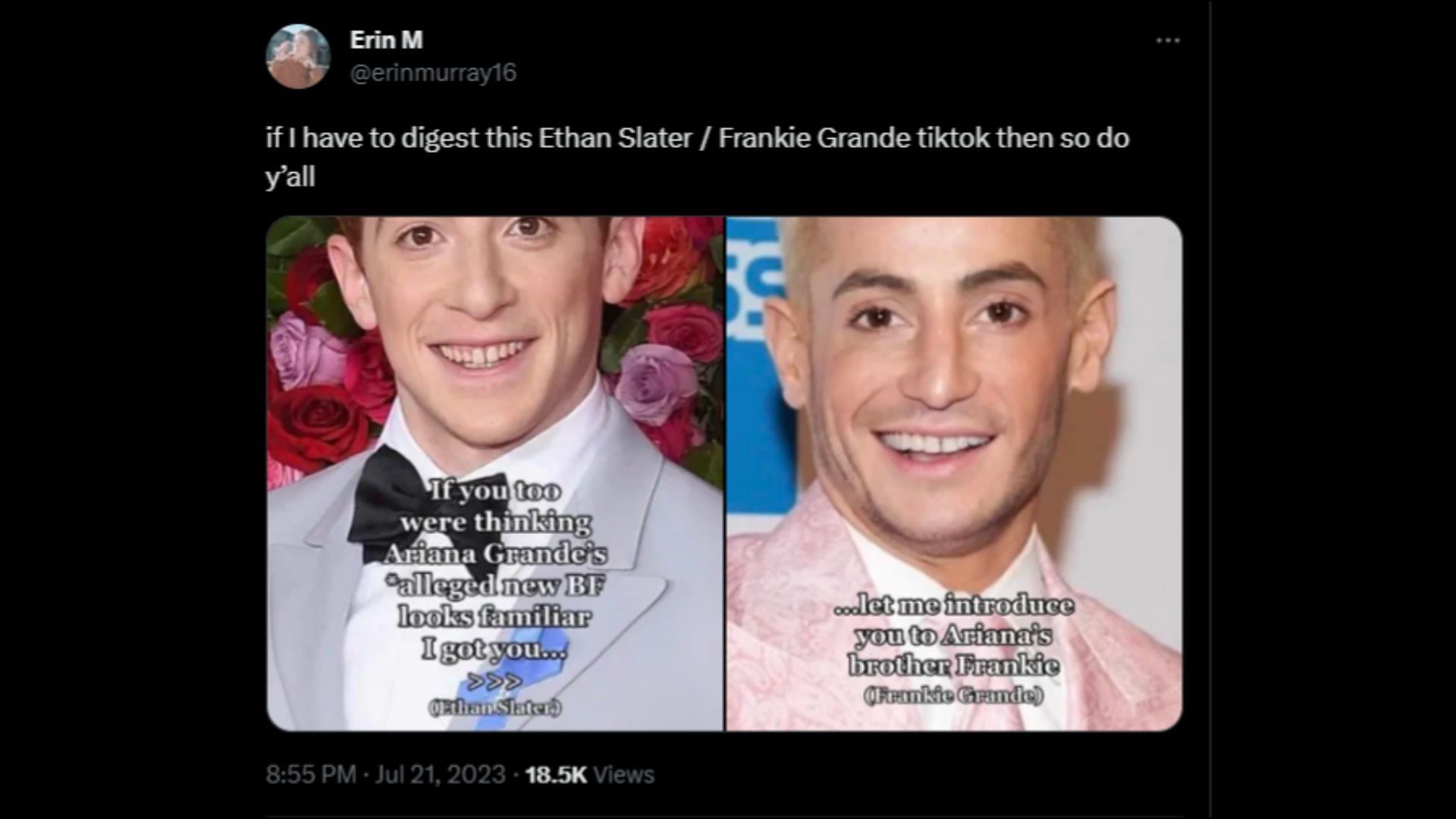 Screenshot of a Twitter user remarking on Slater and Frankie Grande&#039;s physical resemblance.