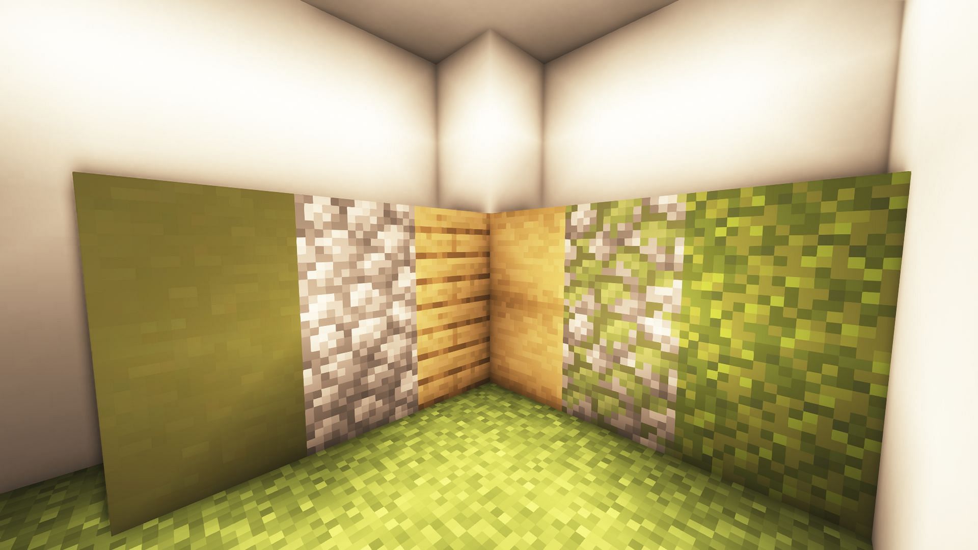 This block palette consists of greenish, stony, and woody blocks in Minecraft (Image via Mojang)