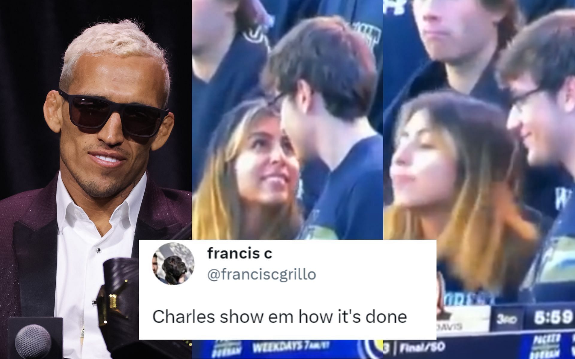 Charles Oliveira (Left); couple in the viral video (Middle and Right) [*Image courtesy: left image via Getty Images; middle and right images via @HumansNoContext Twitter]