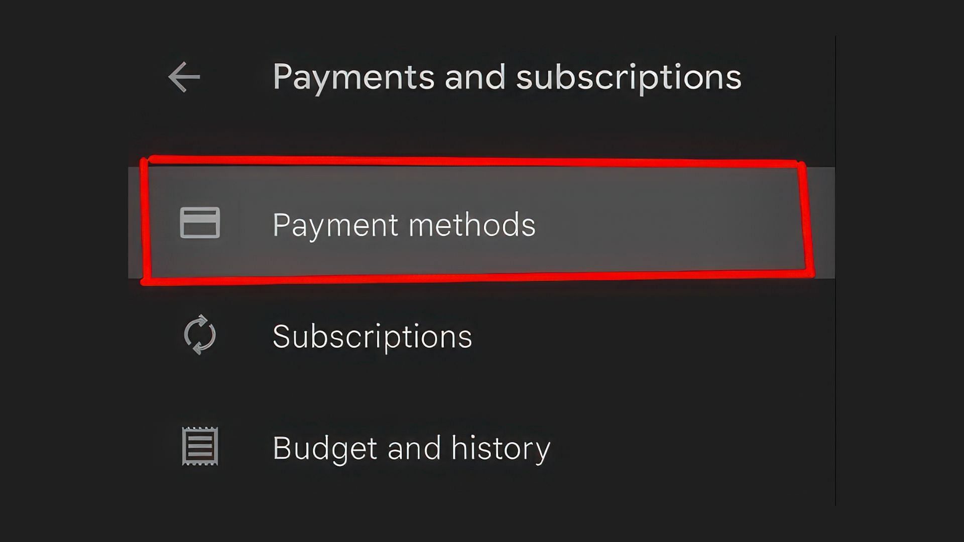Click on &quot;Payment Methods&quot; (Image via Google Play Store)