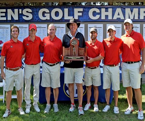 Sepp Straka (first on the right) with the University of Georgia men's golf team, after winning the 2016 SEC Championship (Image via redandblack.com).