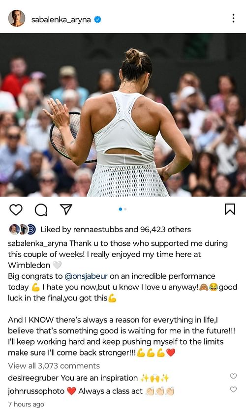 Aryna Sabalenka's Instagram post