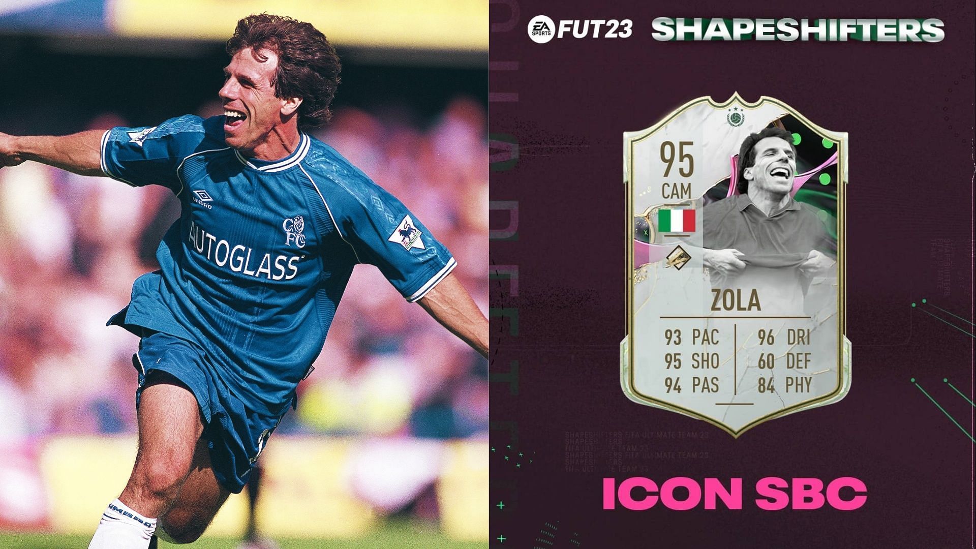 The Gianfranco Zola Shapeshifters SBC is now live in FIFA 23 (Images via Chelsea, EA Sports)