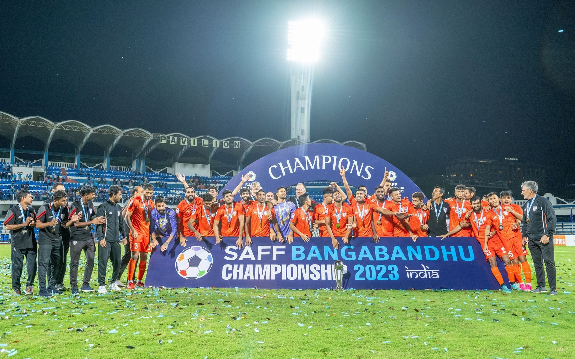 Udanta Singh (far right) and the Indian team celebrate their SAFF Championship 2023 victory. [Credits: AIFF]