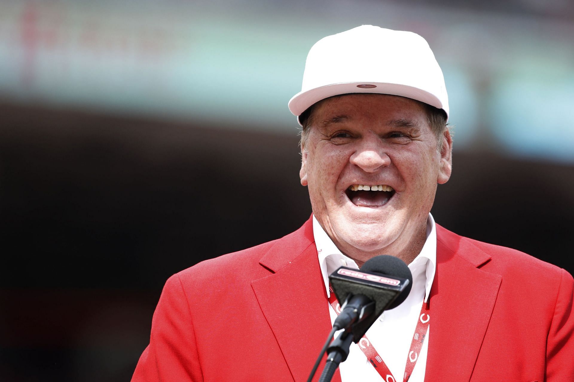 Former Cincinnati Reds great Pete Rose reacts during a statue dedication ceremony prior to a game against the Los Angeles Dodgers at Great American Ball Park on June 17, 2017 in Cincinnati, Ohio.