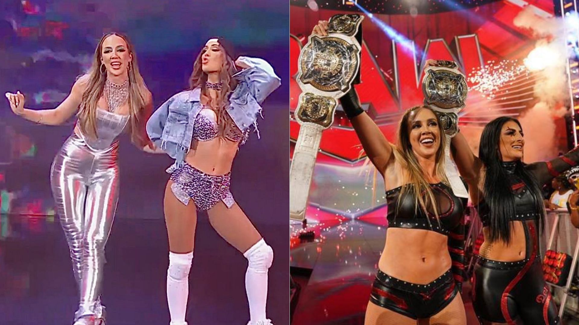 Chelsea Green and Carmella (left); Chelsea Green and Sonya Deville (right)