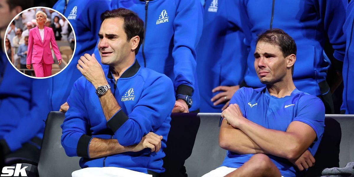 Chris Evert (inset) and Federer &amp; Nadal at the 2022 Laver Cup