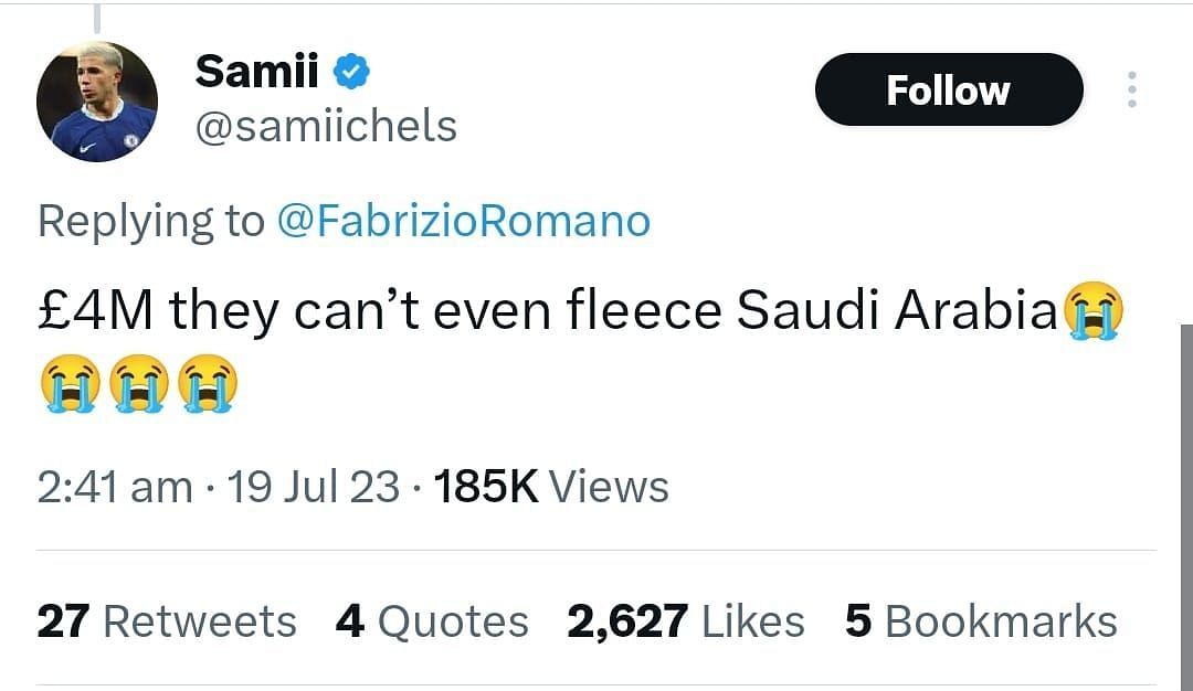 One of the replies to Fabrizio Romano&#039;s tweet about Alex Telles&#039; transfer. [Source: Twitter]
