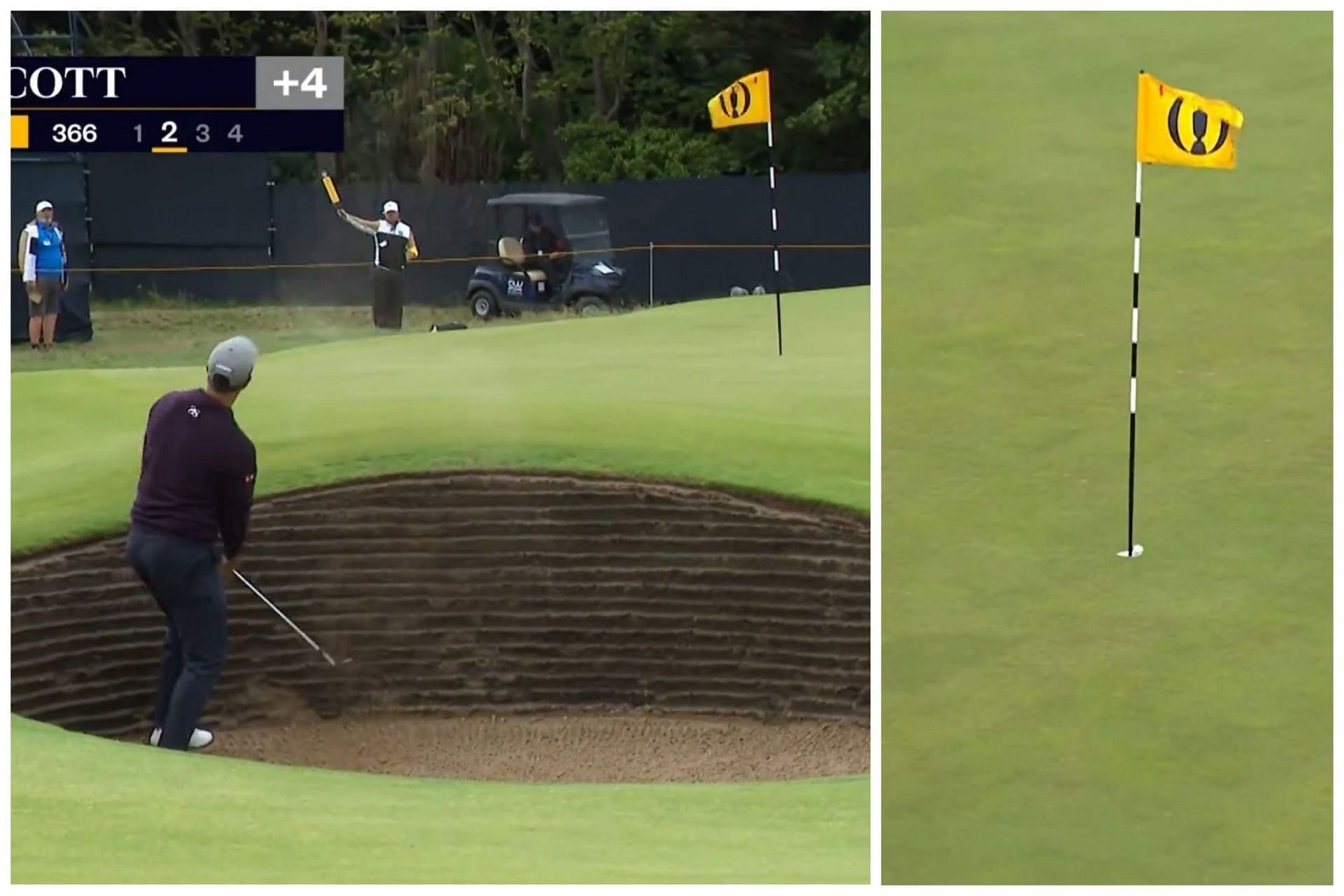 Adam Scott holes it for a birdie from the greenside bunker on the hole 4 during the final round of the Open Championship