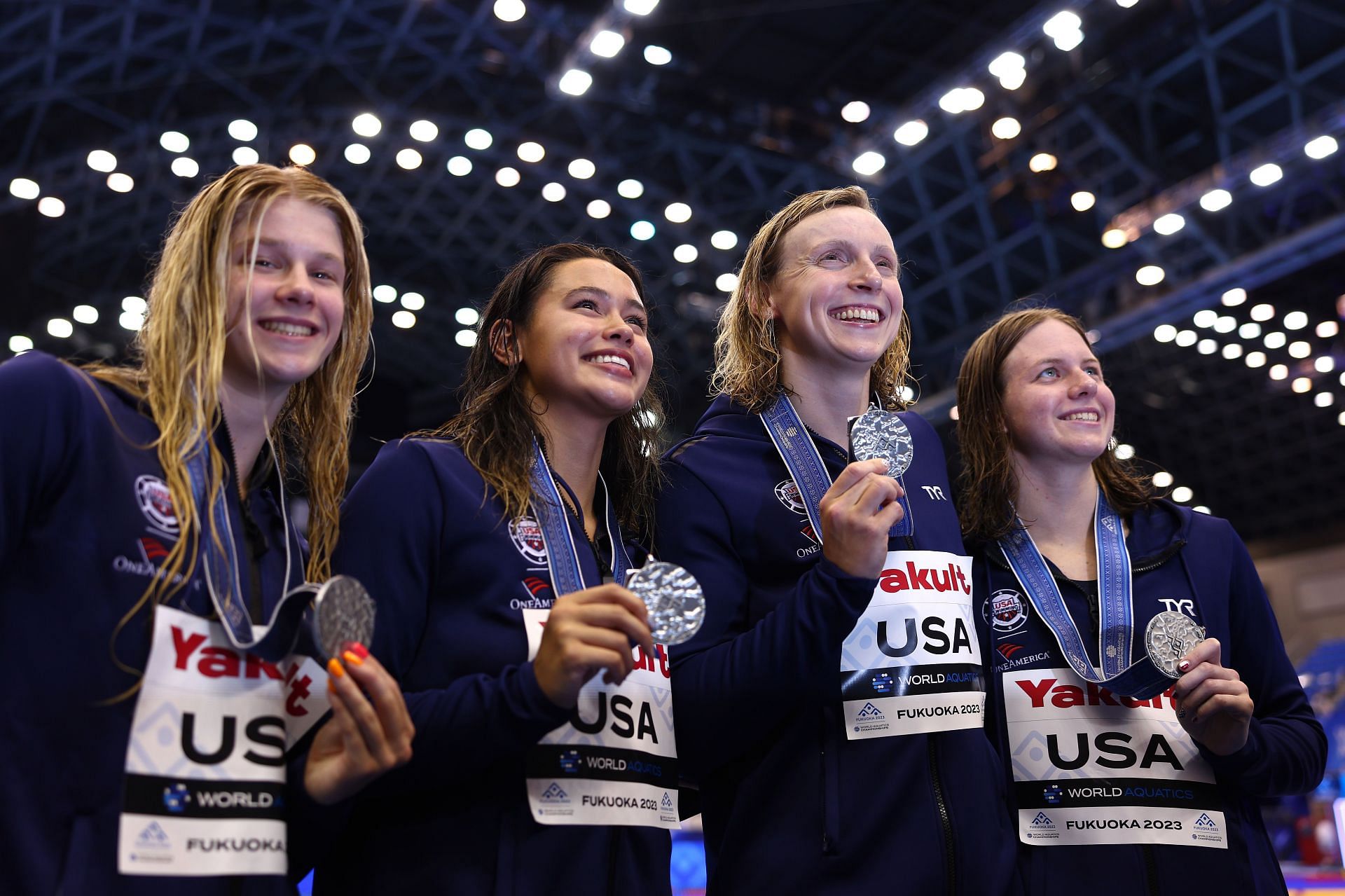 Erin Gemmell, Katie Ledecky, Bella Sims and Alex Shackell of Team United States pose during the medal ceremony for the Women&#039;s 4 x 200m Freestyle Relay Final