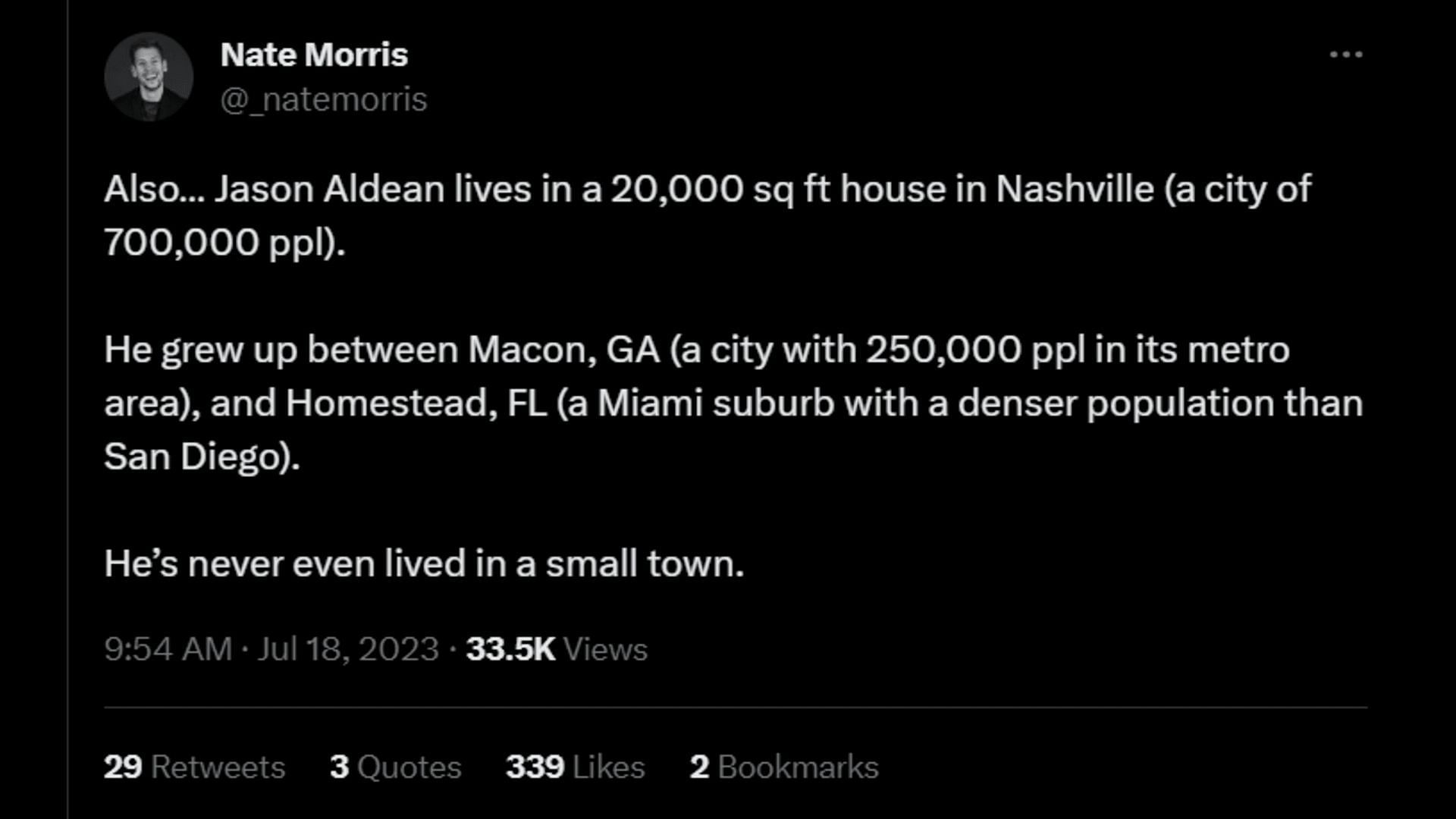 A netizen calls out Aldean for not being a small-towner. (Image via Twitter/Nate Morris)