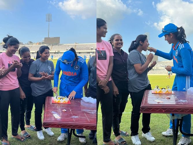 Junior local cricketers in Dhaka surprise star opening batter Smriti Mandhana with a birthday cake after the 2nd IND vs BAN ODI