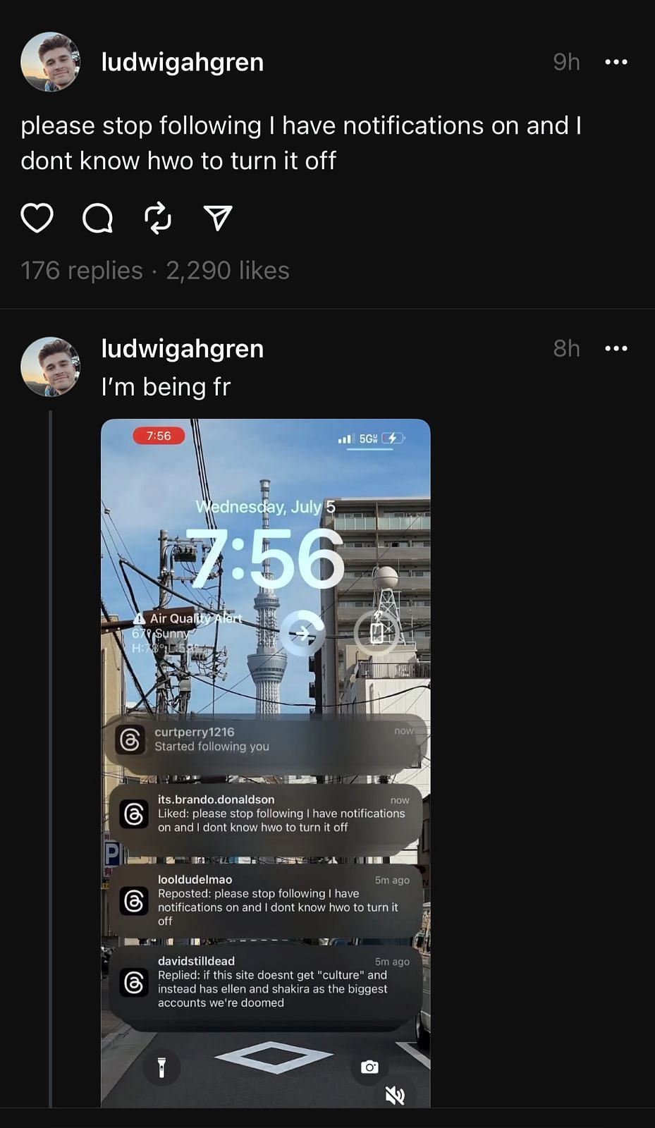 Ludwig&#039;s new followers cause his phone to hang (Image via Threads)