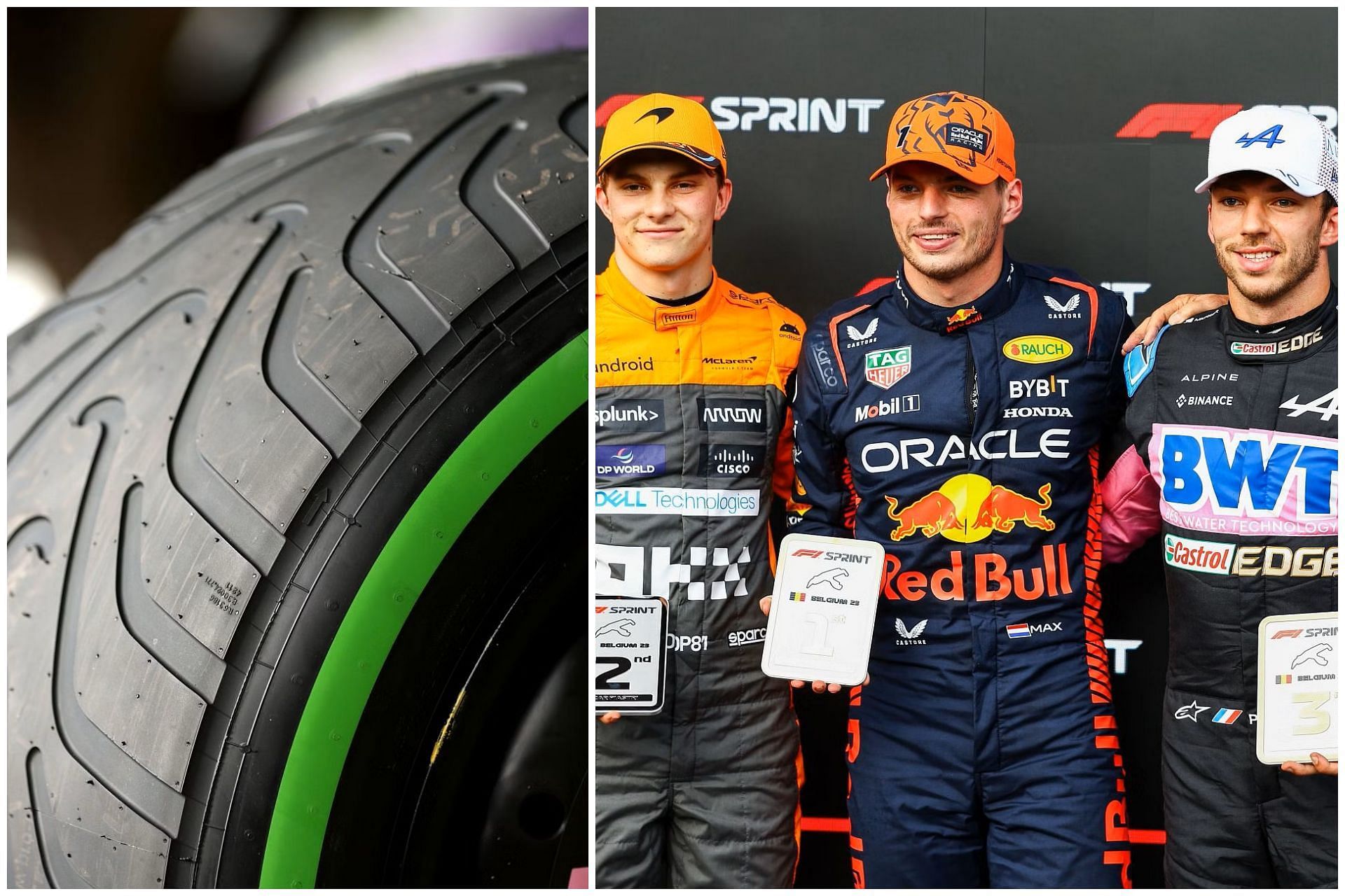 A detailed view of intermediate tyres in the paddock (L); F1 drivers (R) (Image via Sportskeeda)