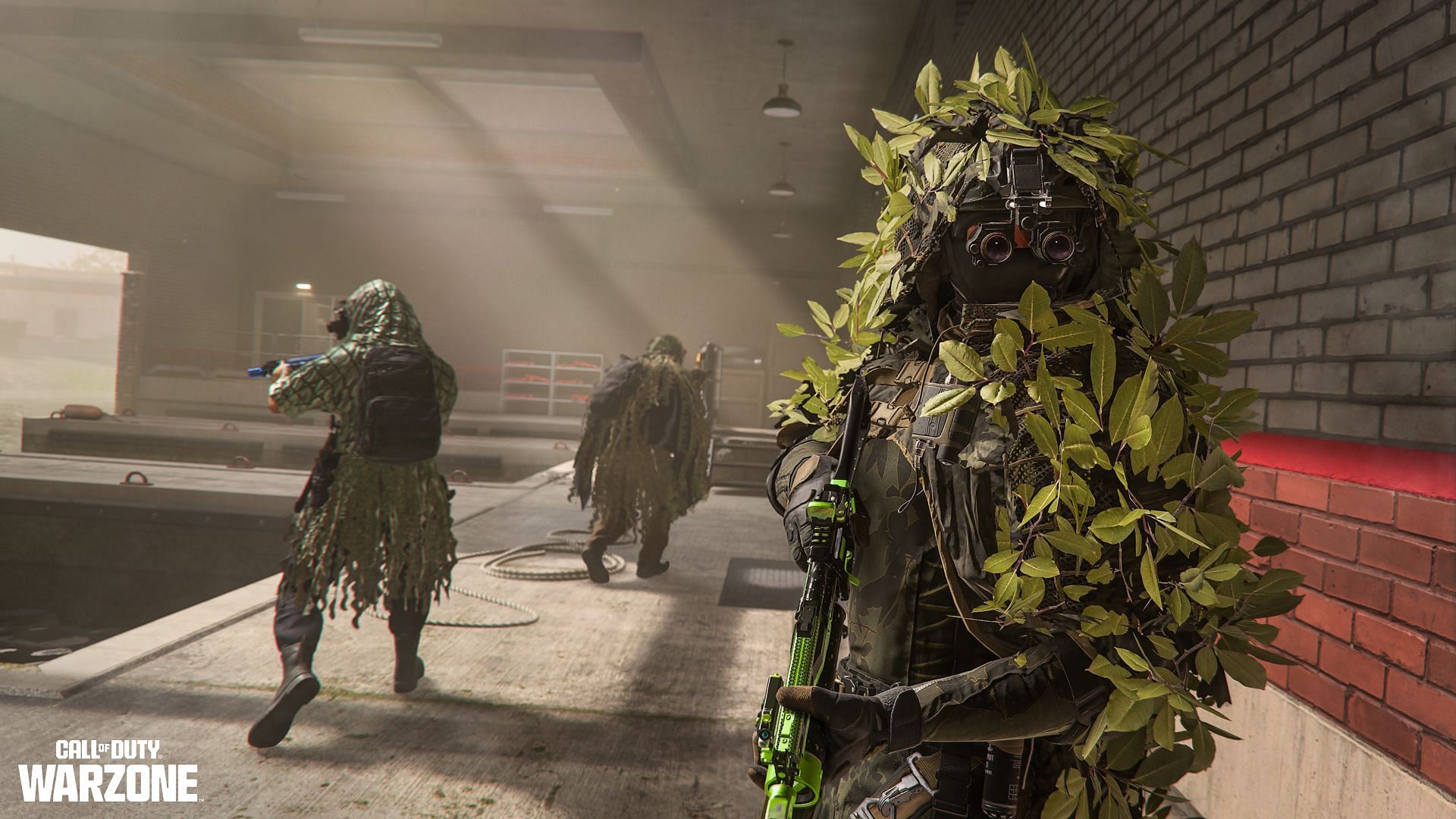 Three Warzone 2 Operators in Ghillie Suits holding rifles inside a room