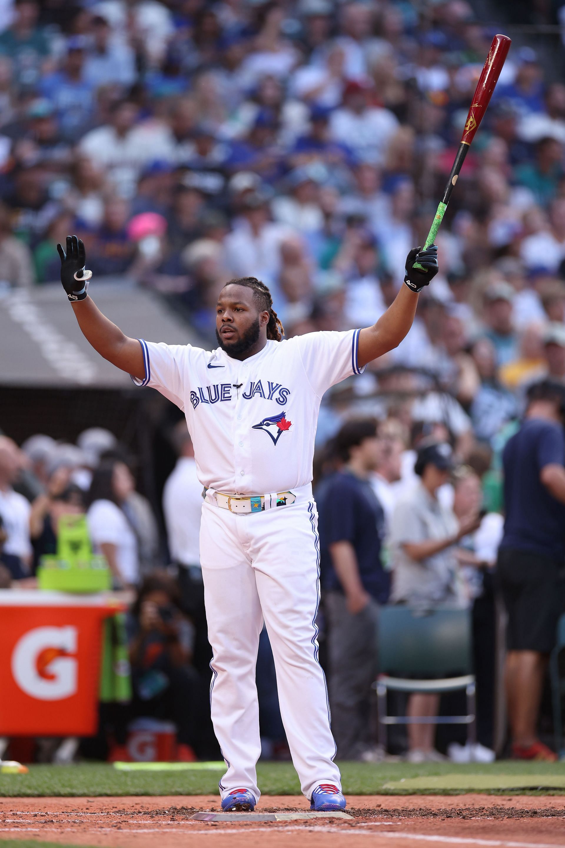 Vladimir Guerrero Jr. #27 of the Toronto Blue Jays reacts during the T-Mobile Home Run Derby at T-Mobile Park on July 10, 2023 in Seattle, Washington.