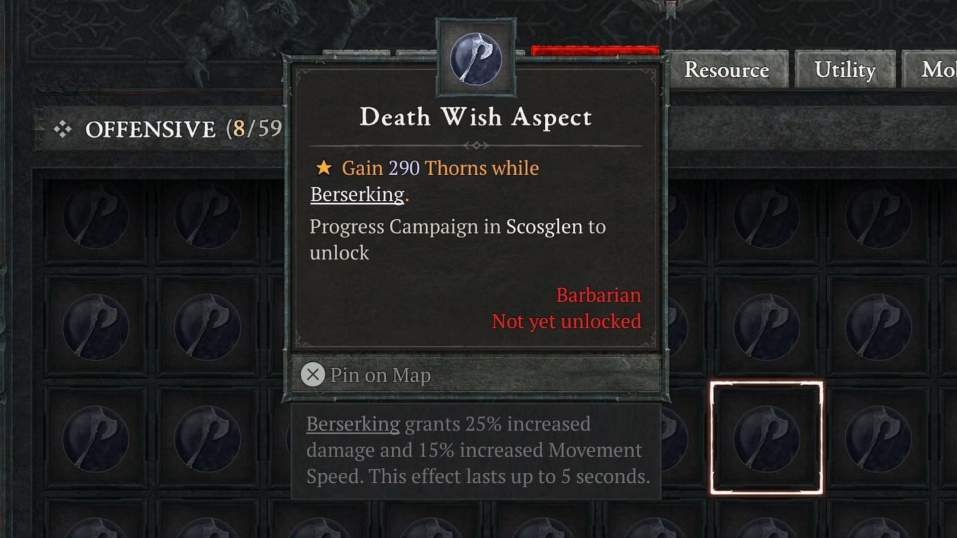 Death Wish Aspect increases Thorns (Image via Diablo 4)