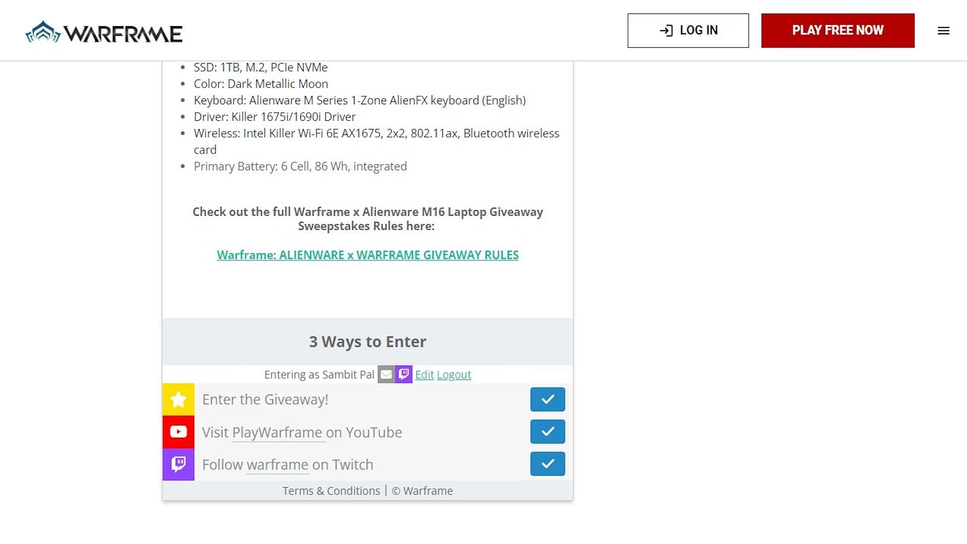 Warframe Alienware Giveaway page entries (Image via Digital Extreme)