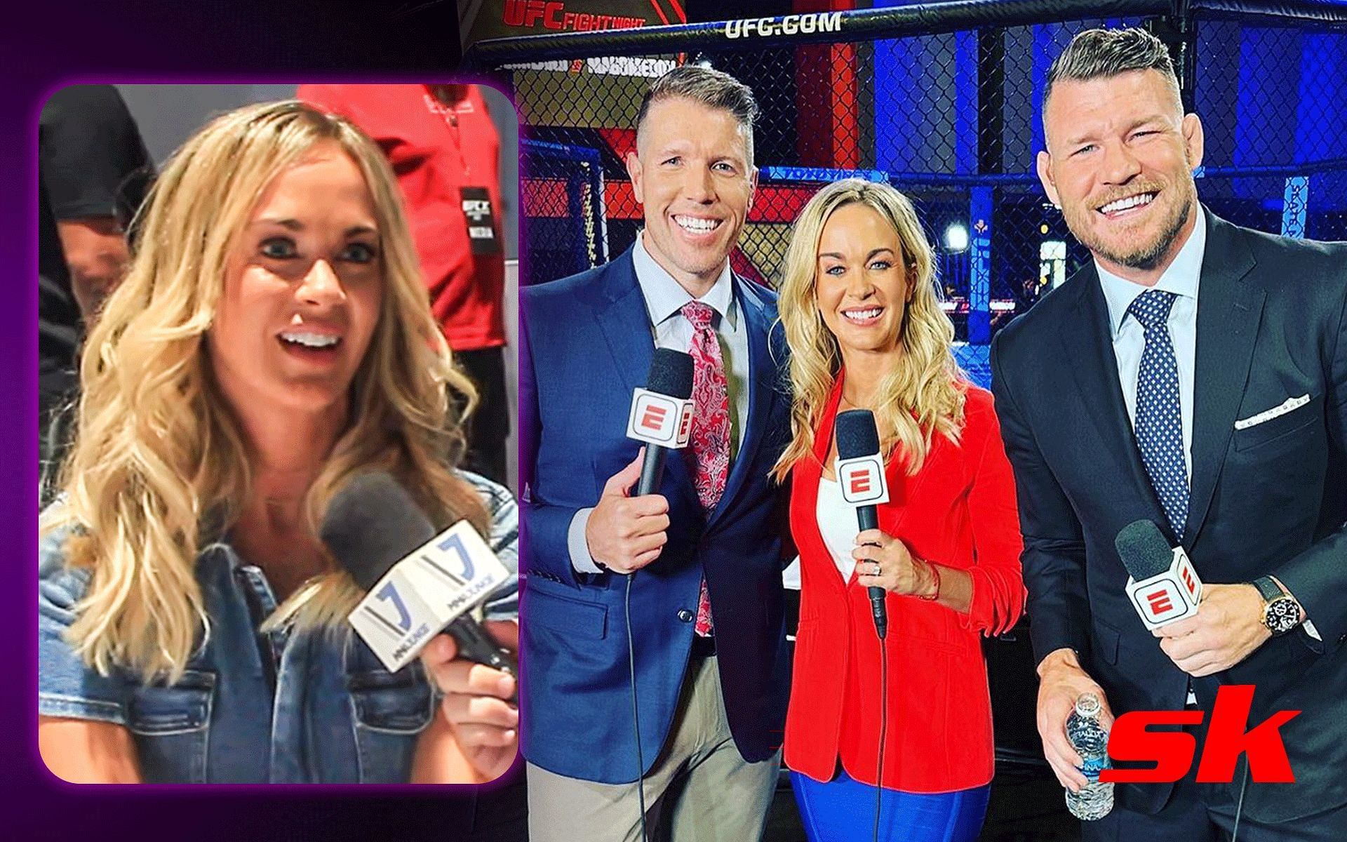 Laura Sanko (Left); UFC commentators Brendan Fitzgerald, Laura Sanko, and Michael Bisping (Right) [*Image courtesy: left image via MMA Junkie YouTube channel; right image via @laura_sanko Instagram]