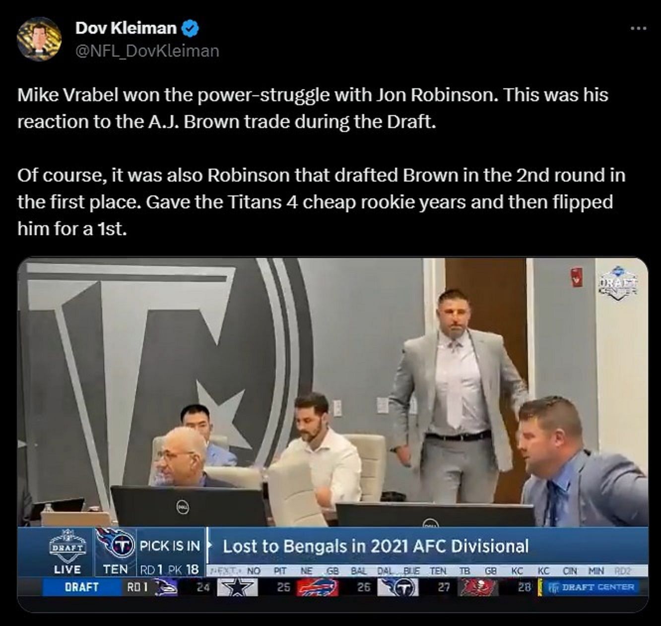 Mike Vrabel&#039;s Expression when A.J. Brown is traded (Source Tweet: https://twitter.com/NFL_DovKleiman/status/1600199883239063580)