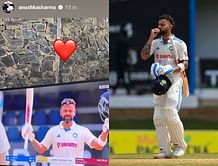 Anushka Sharma reacts after Virat Kohli's special celebration following his 29th Test century during the 2nd IND vs WI Test