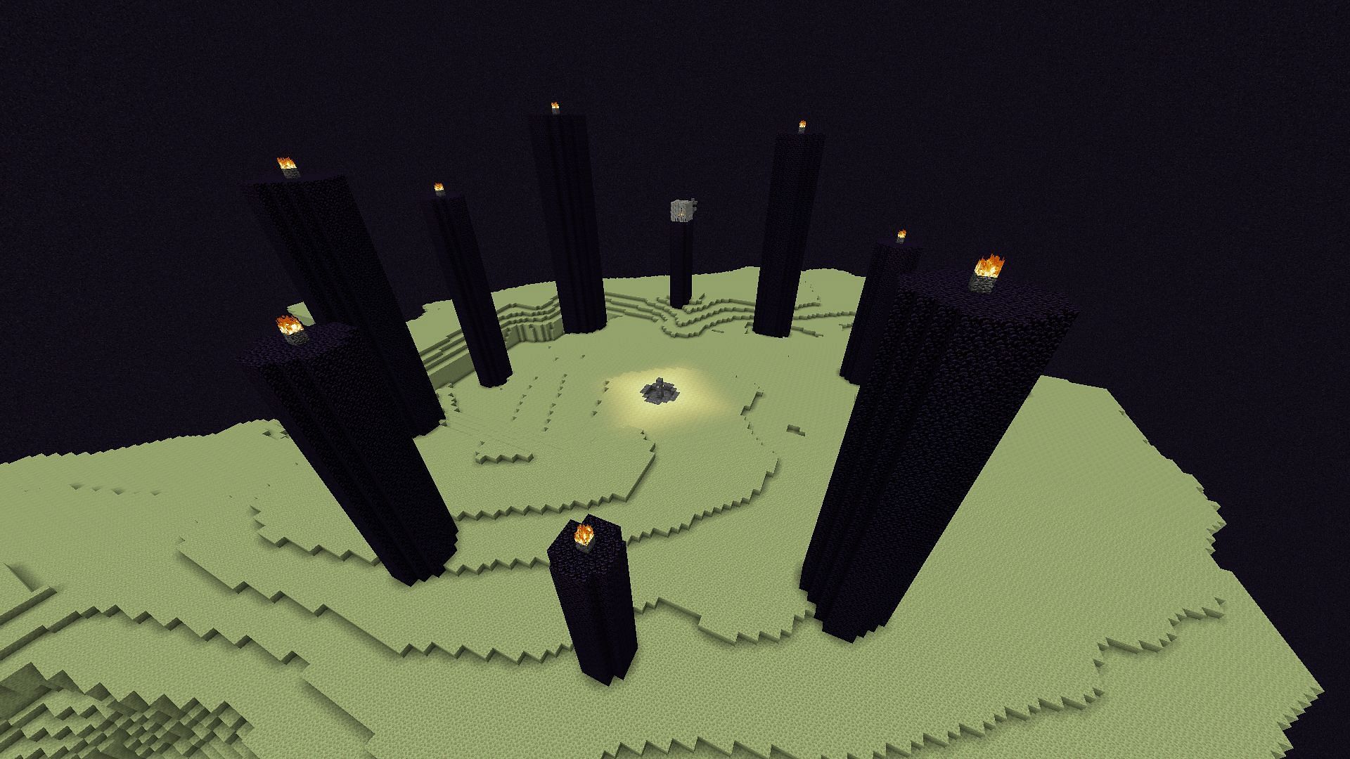 End Crystals generate on top of each obsidian tower on the main End island (Image via Mojang)