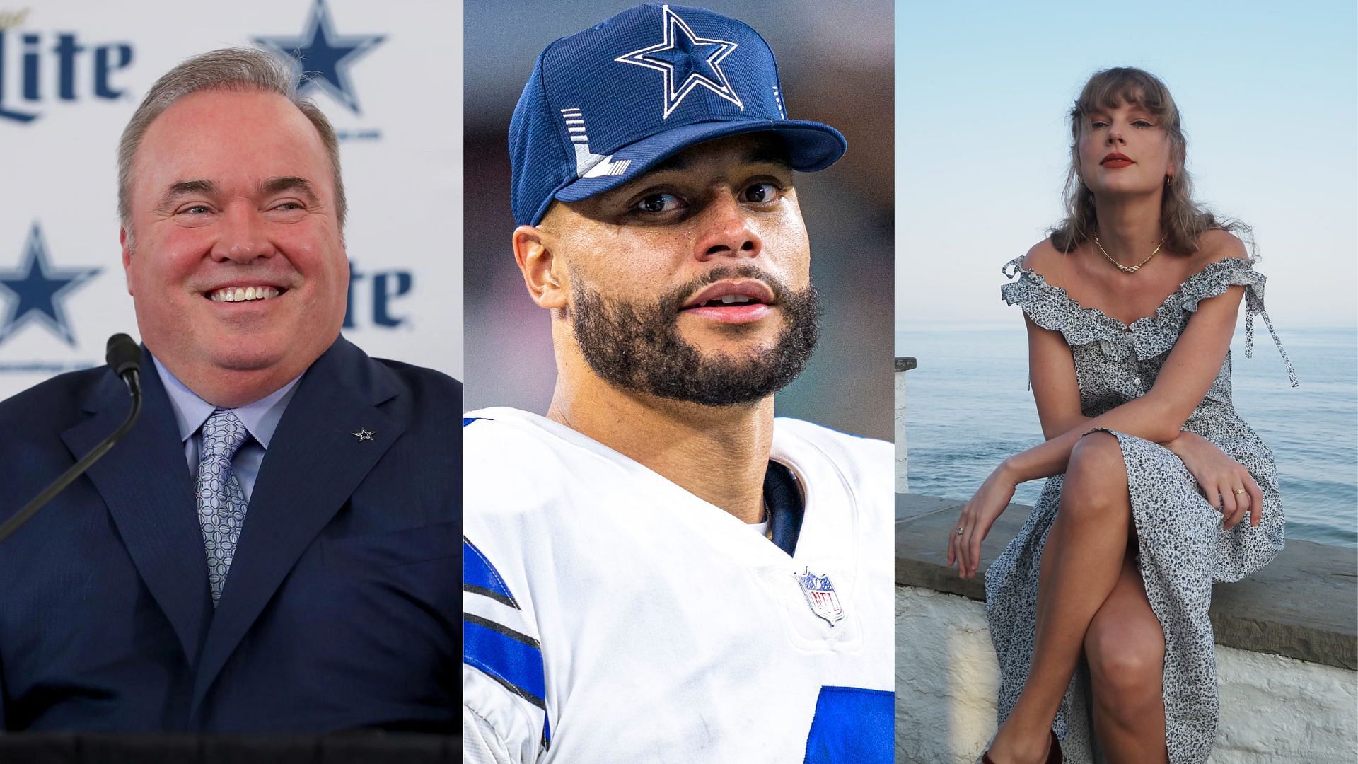 Fans on Cowboys writer and his take on HC Mike McCarthy (L) and his team led by Dak Prescott (C) and Taylor Swift (R)