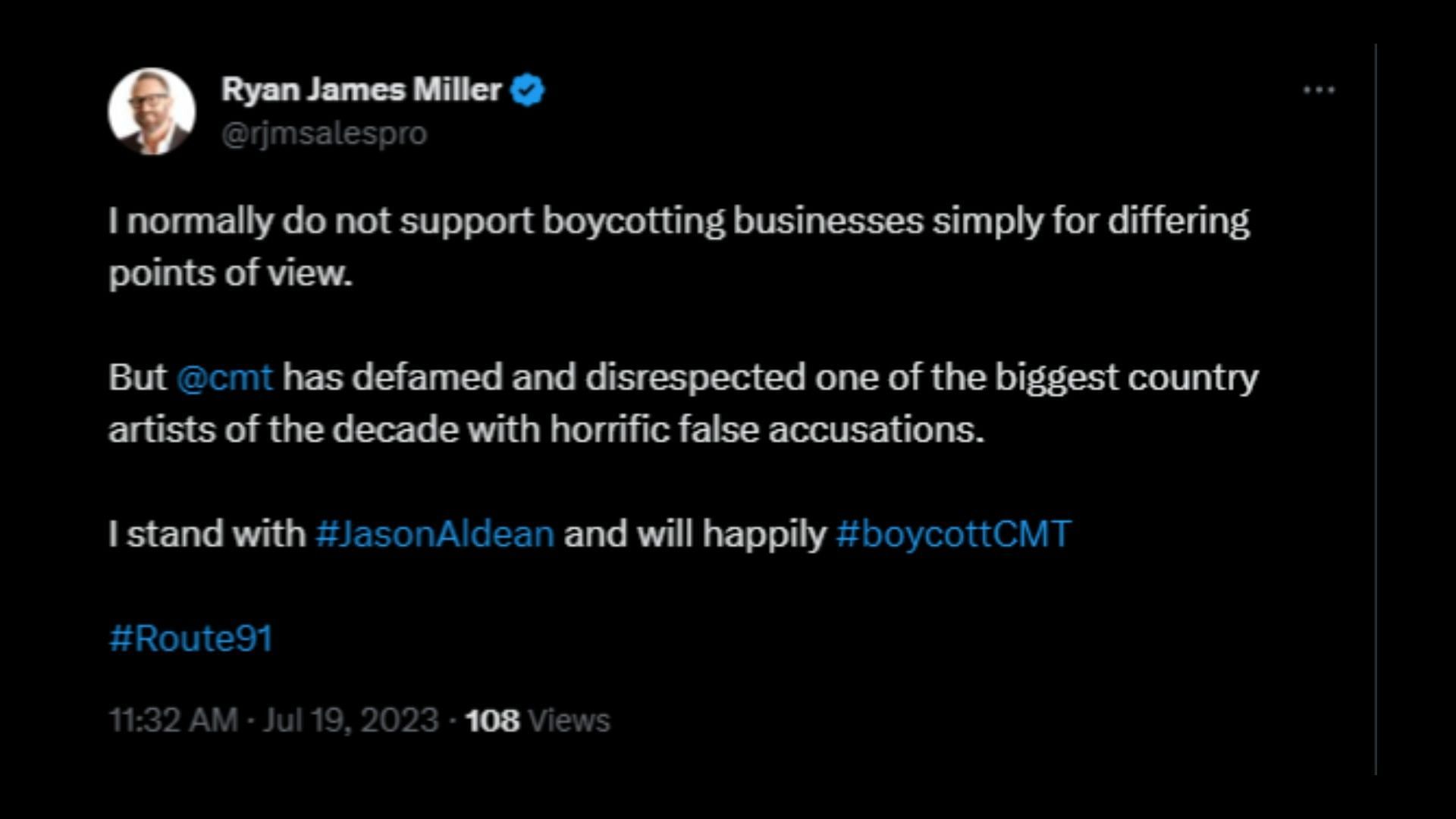 Screenshot of a Twitter user remarking on CMT not airing Aldean&#039;s new music video.