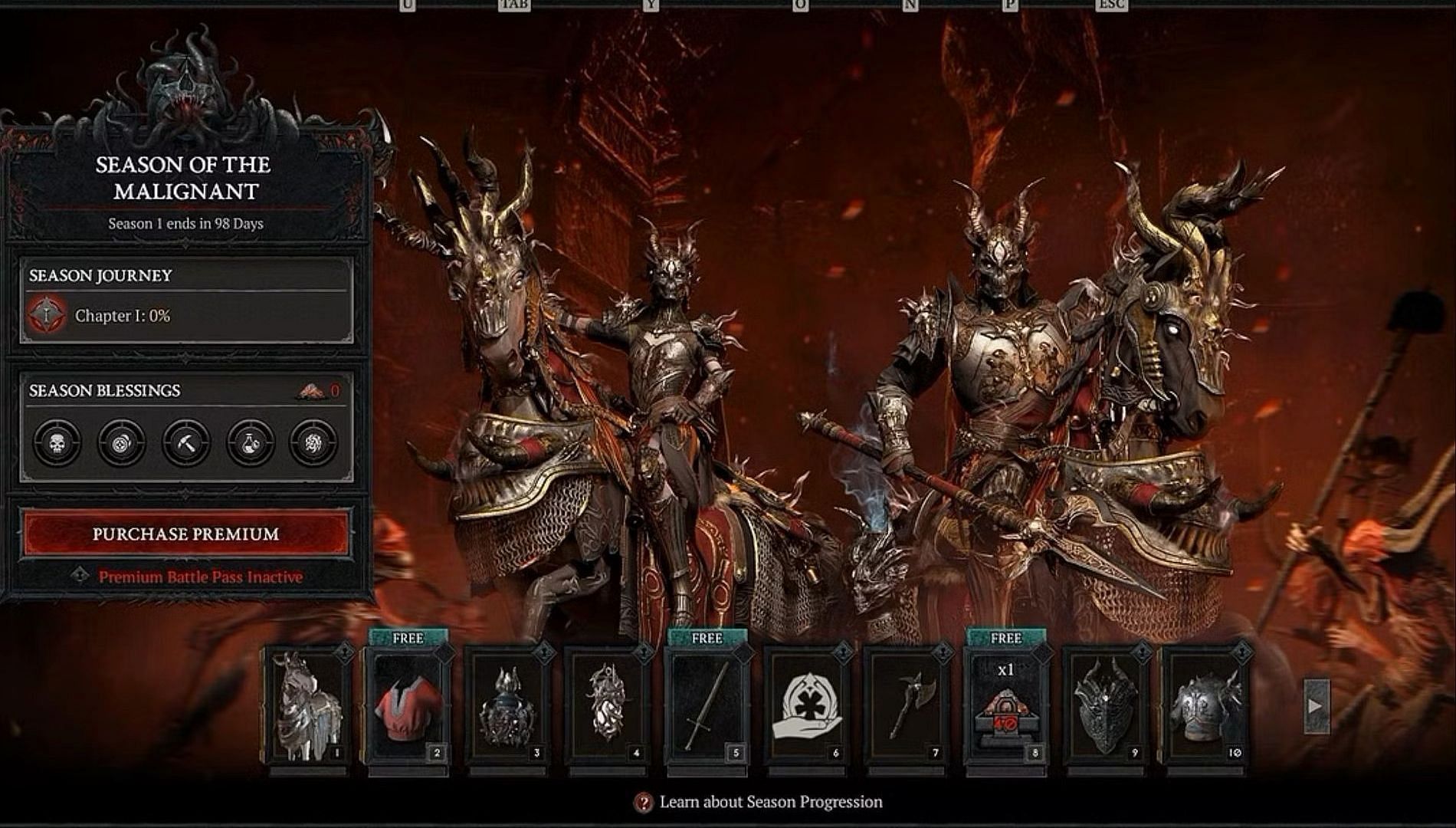 Battle Pass rewards in Season of the Malignant (Image via Diablo 4)