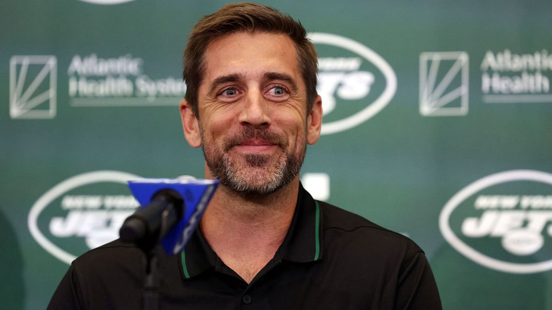 Aaron Rodgers at his introductory press conference with the New York Jets.