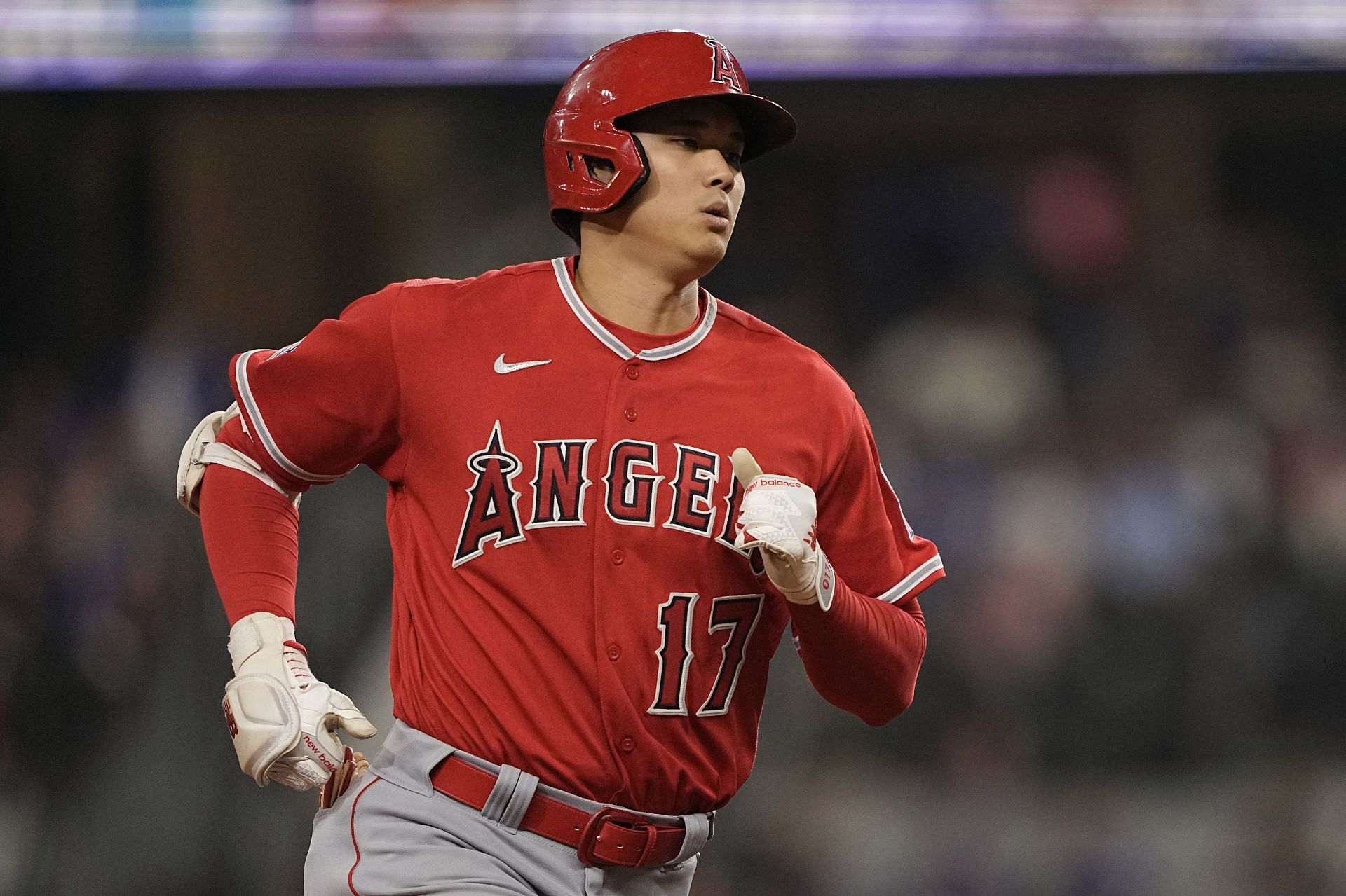 Shohei Ohtani of the Los Angeles Angels runs the bases after hitting a home run at Globe Life Field