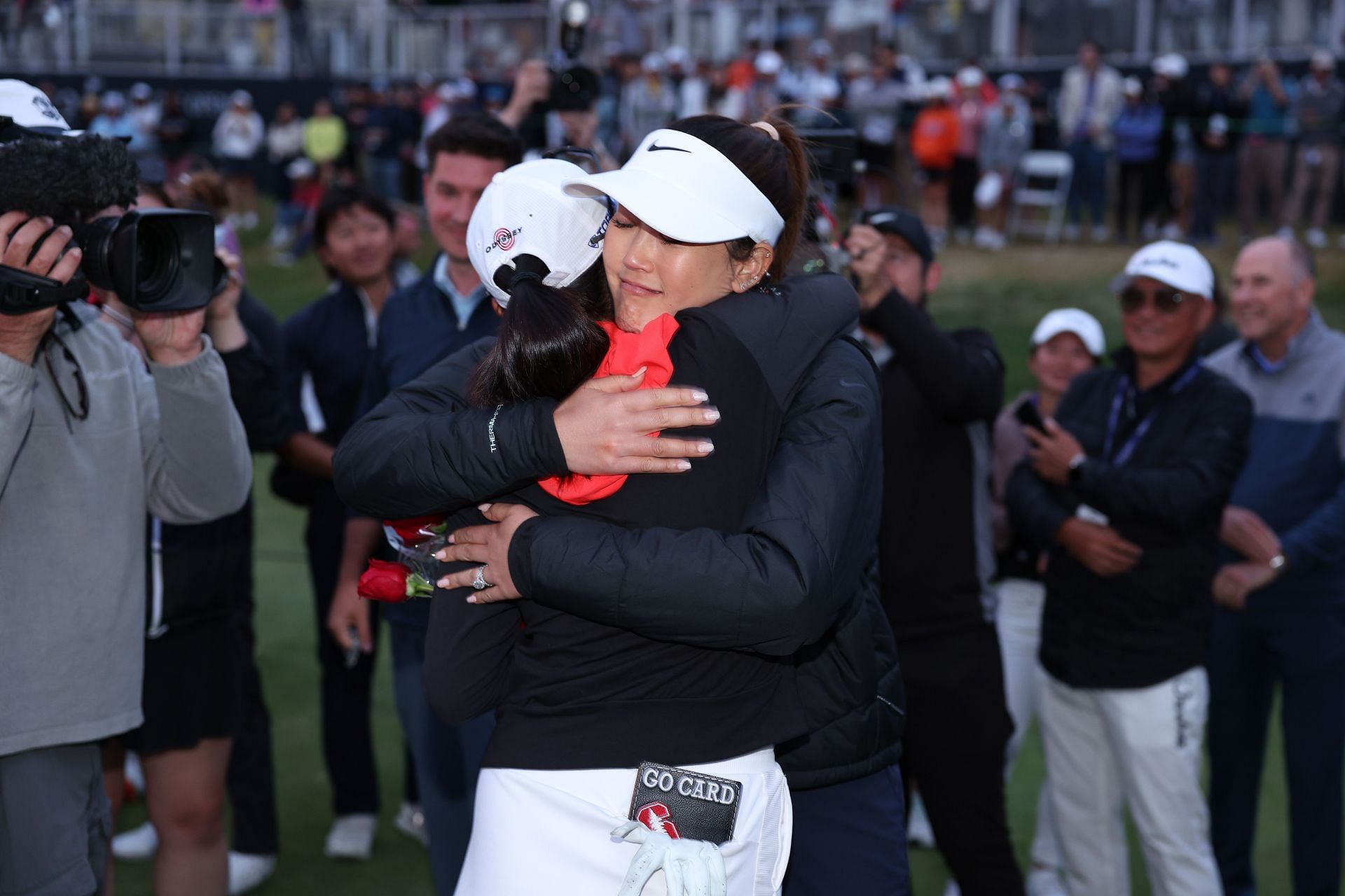 Wie West hugging Zhang after her victory at the 2023 Mizuho Americas Open (Image via Getty).