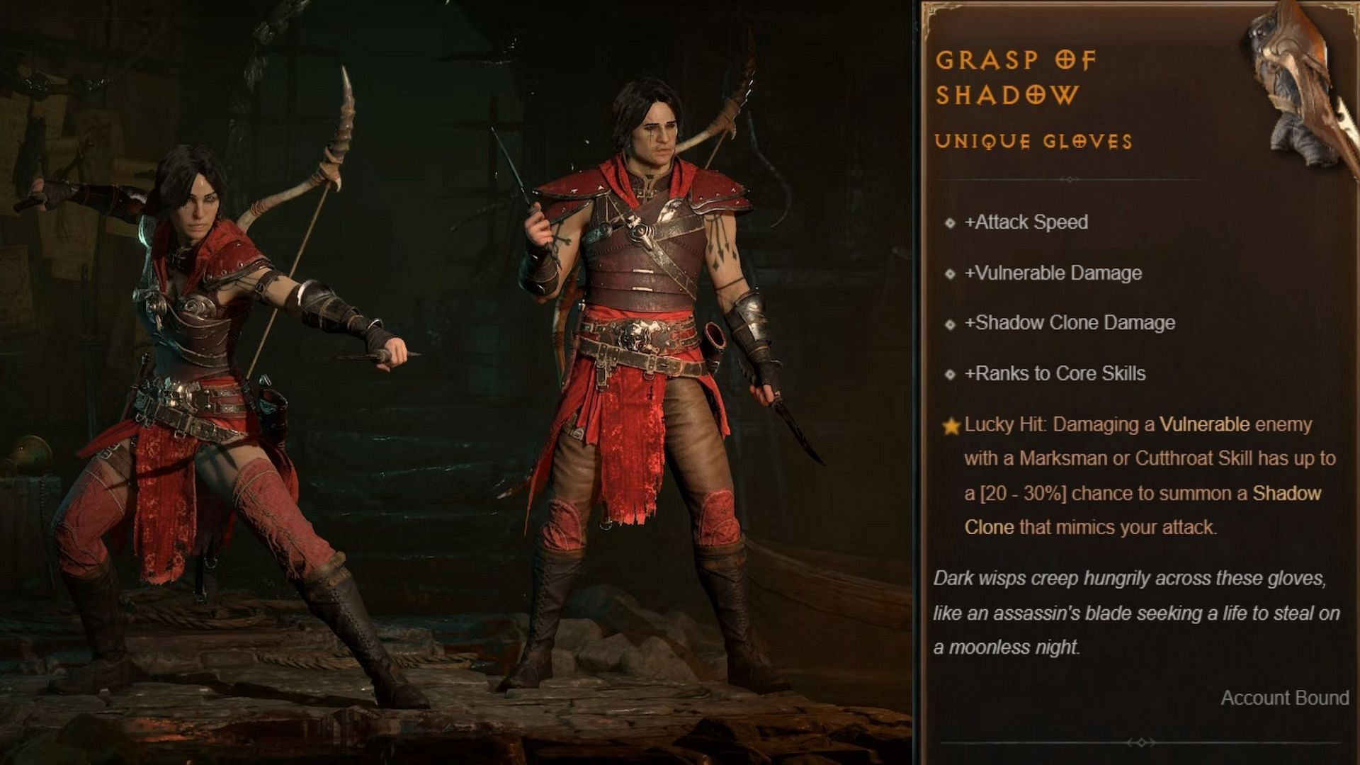 Two Rogue characters in Diablo 4.