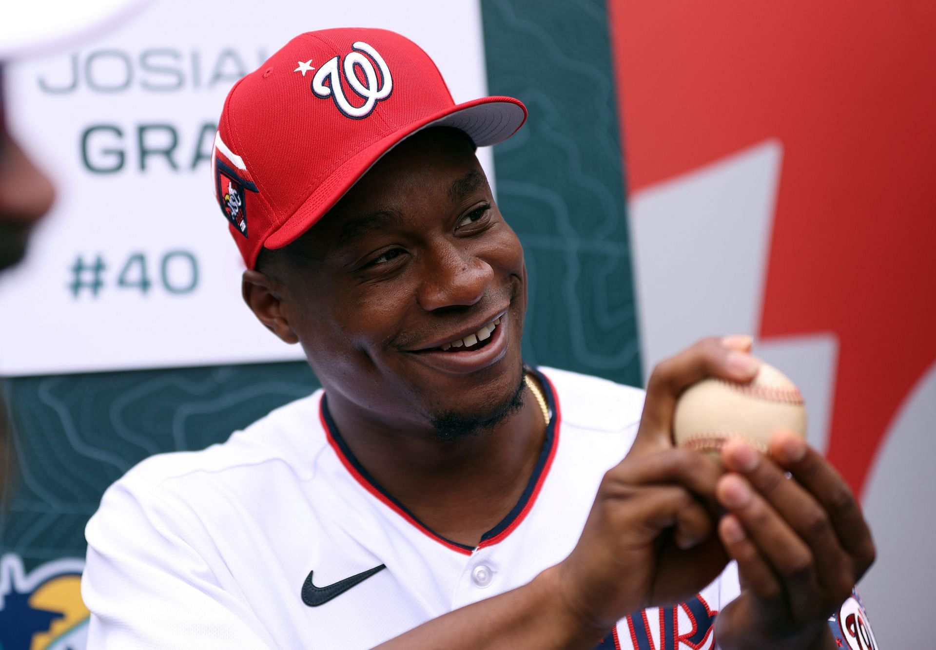 Josiah Gray of the Washington Nationals speaks to the media during Gatorade All-Star Workout Day at T-Mobile Park on Monday in Seattle, Washington.