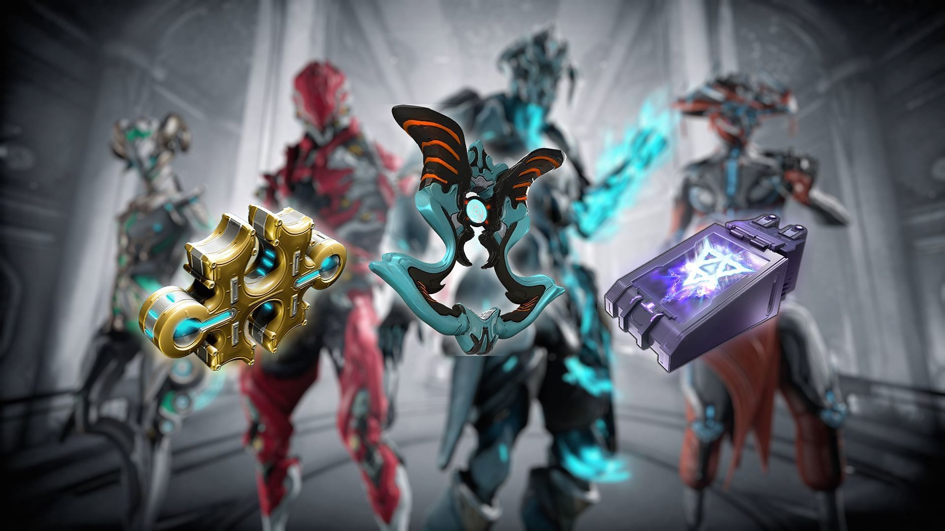 Warframe consumable items in the foreground: forma, amp arcane adapter, veiled riven cipher