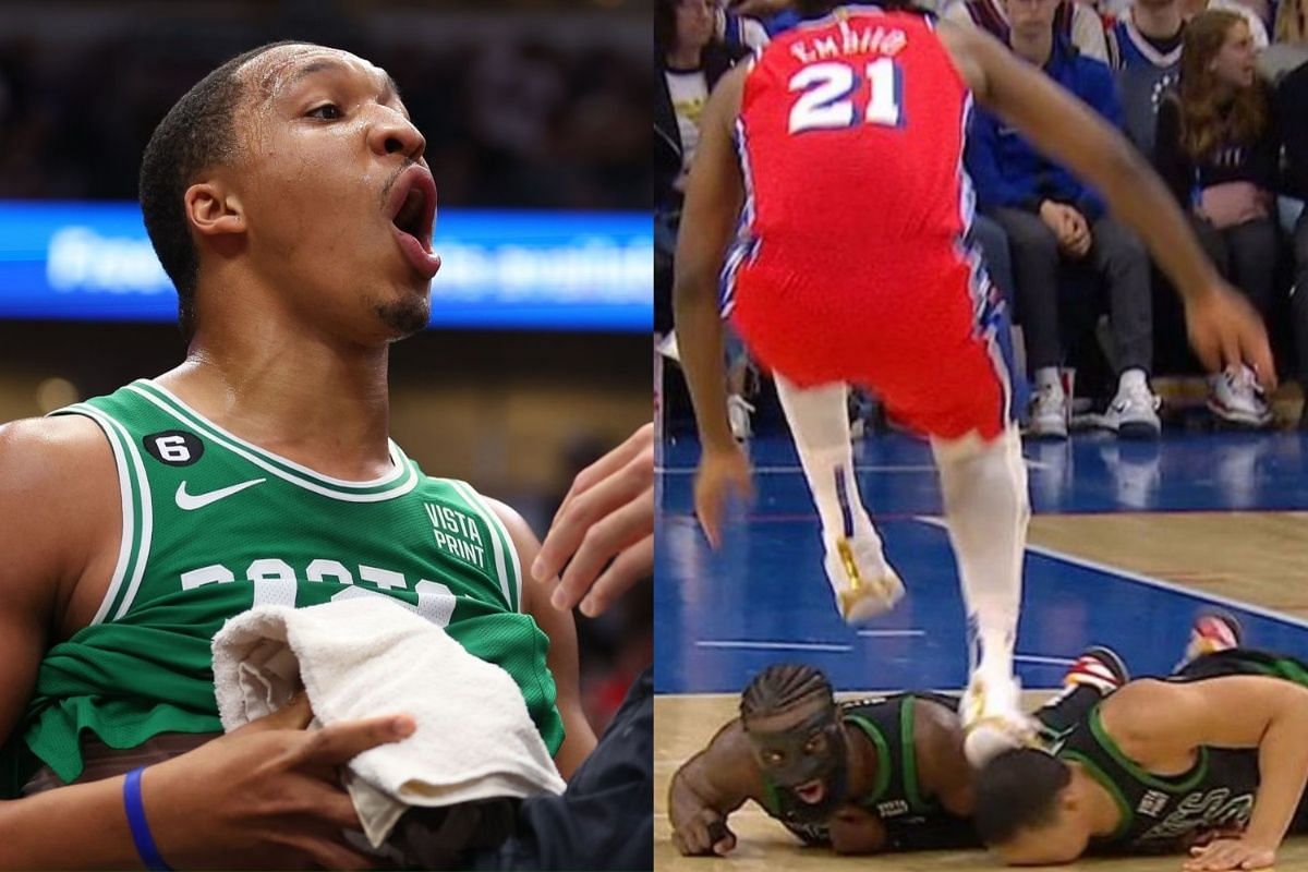 Grant Williams reacts to Joel Embiid stomping on his head in the playoffs.