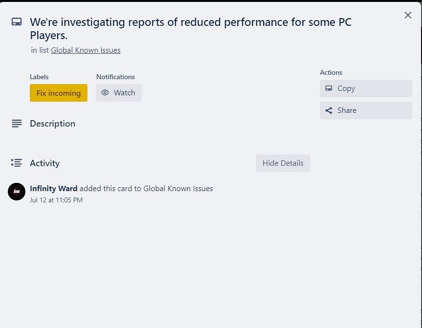 PC performance issue listed in the CoD&#039;s official Trello board (Image via Trello)